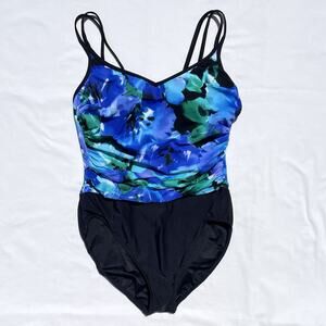 Miraclesuit Bethany Swimsuit Womens 10 Blue Black Floral Slimming